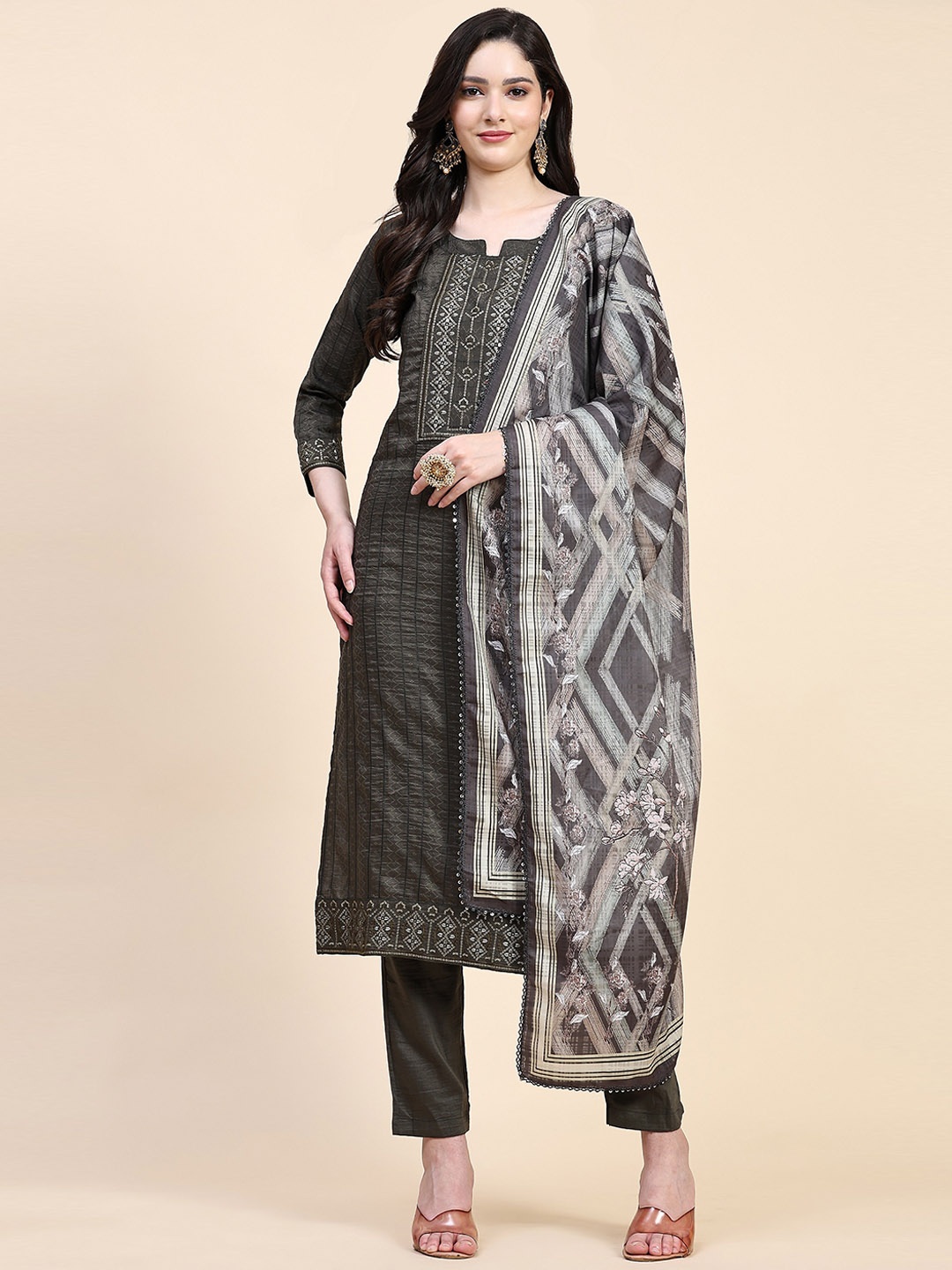 

Nivah Fashion Floral Embroidered Pure Cotton Kurta & Trousers With Dupatta, Olive