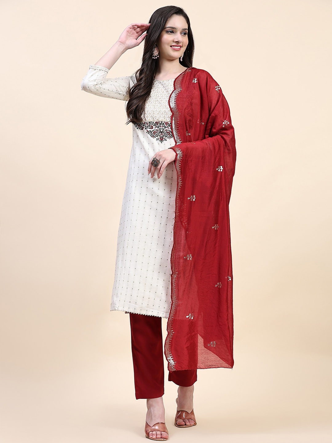 

Nivah Fashion Floral Embroidered Pure Cotton Kurta & Trousers With Dupatta, Off white