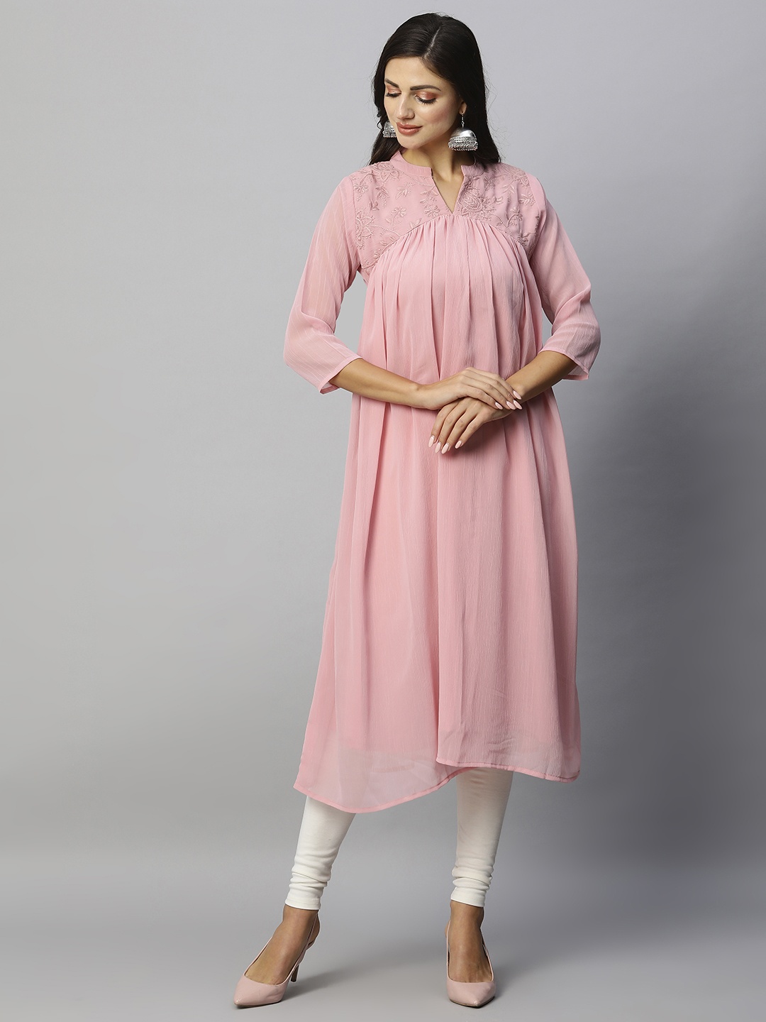 

RATAN Floral Embroidered Mandarin Collar Chiffon Anarkali Kurta, Pink