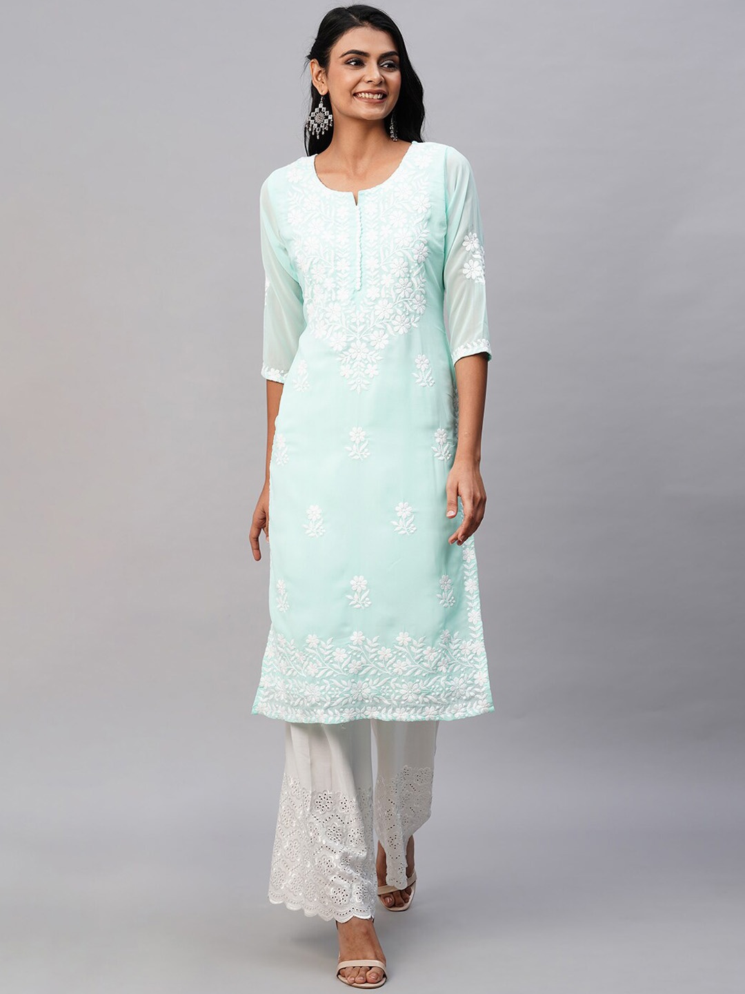 

RATAN Ethnic Motifs Embroidered Georgette Kurta, Turquoise blue