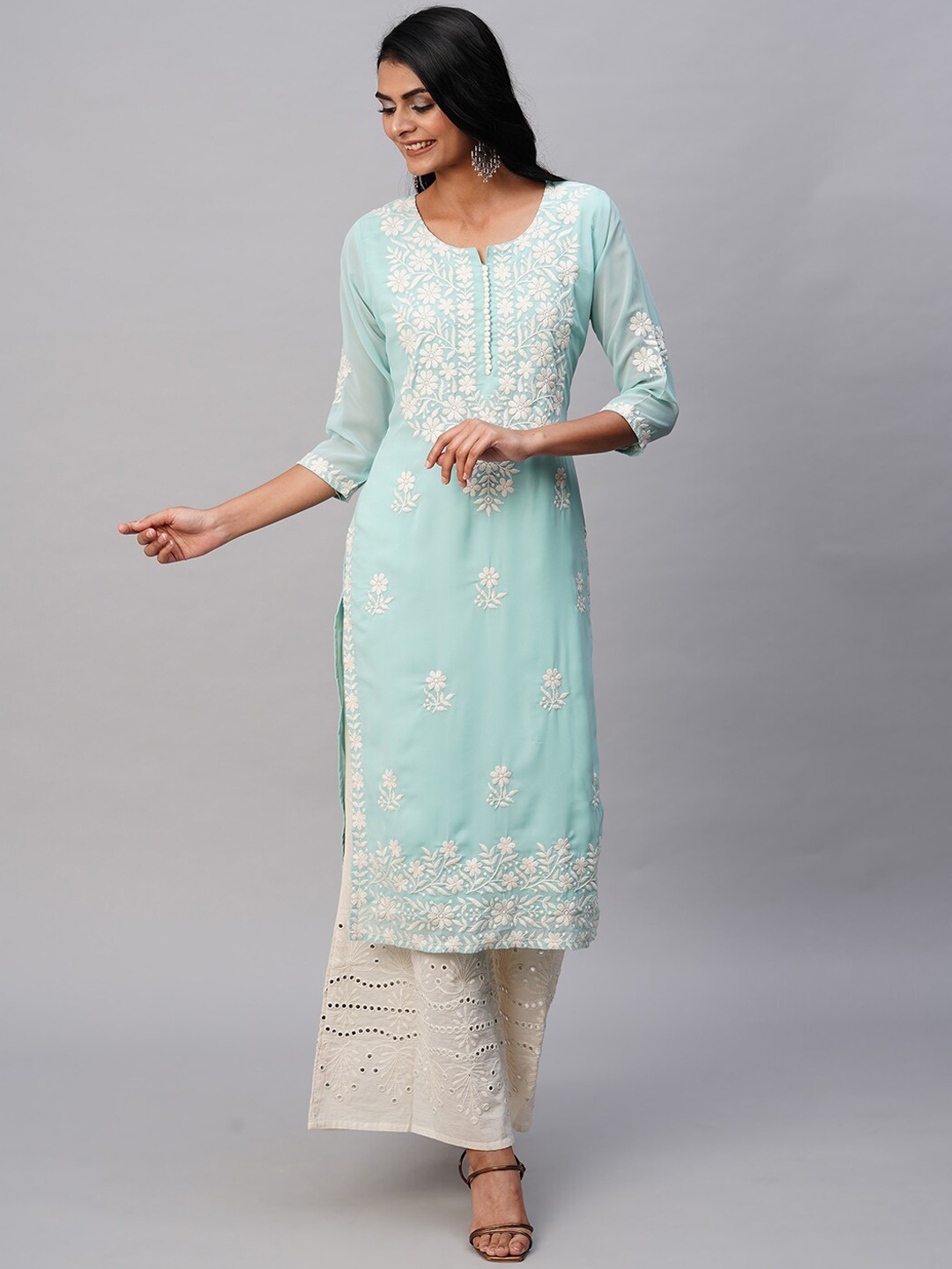 

RATAN Ethnic Motifs Embroidered Chikankari Pastels Georgette Kurta, Turquoise blue