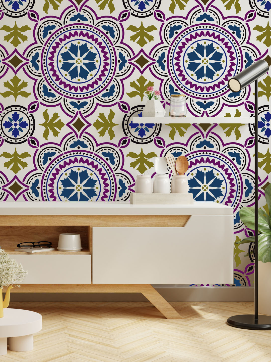 

KAYRA DECOR White Arabesque Tile Design Wall Stencil