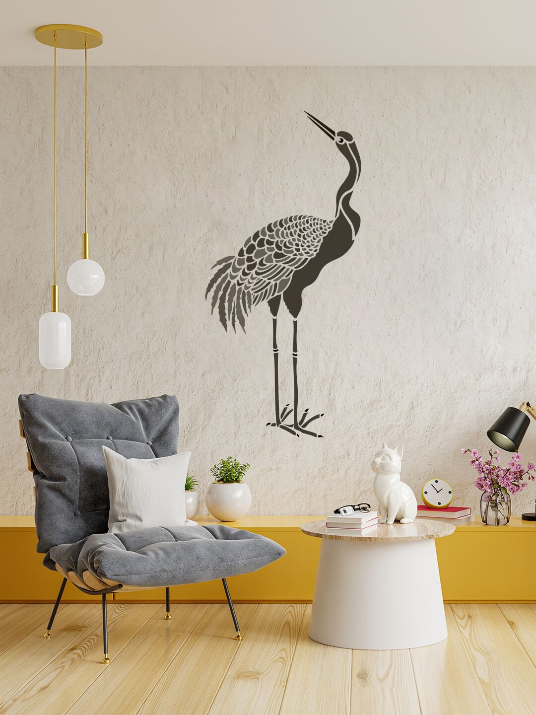 

KAYRA DECOR Grey & Black Crane Design Self Wall Painting Stencil