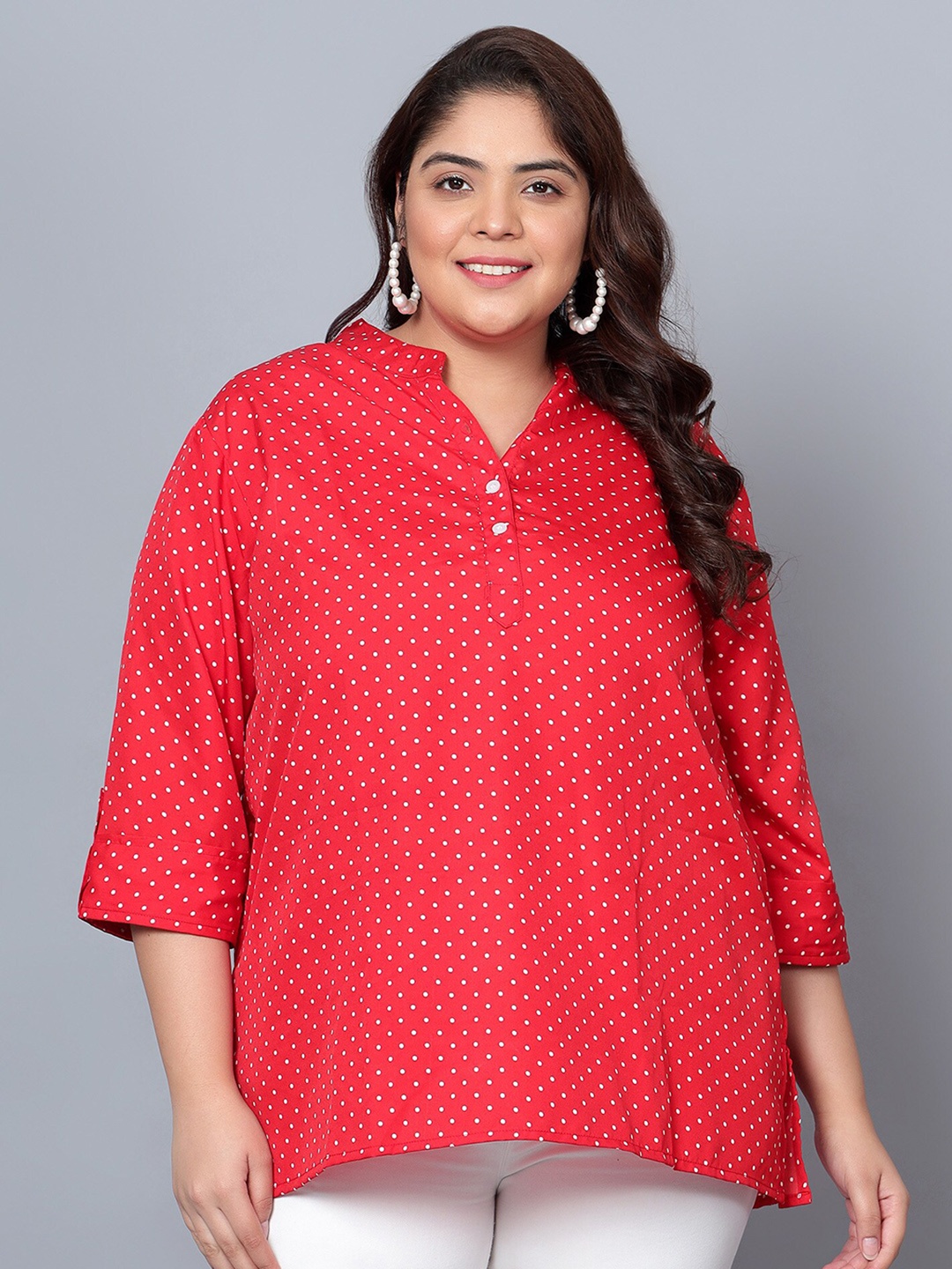 

Indietoga Plus Size Polka Dot Printed Mandarin Collar Top, Red