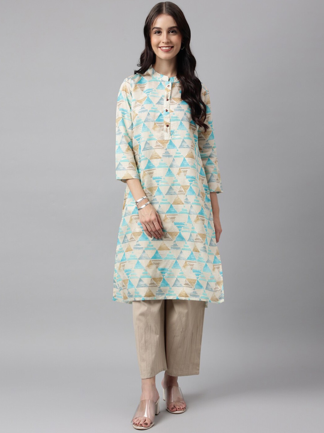 

KALINI Geometric Printed Chanderi Cotton Mandarin Collar Kurta, Blue
