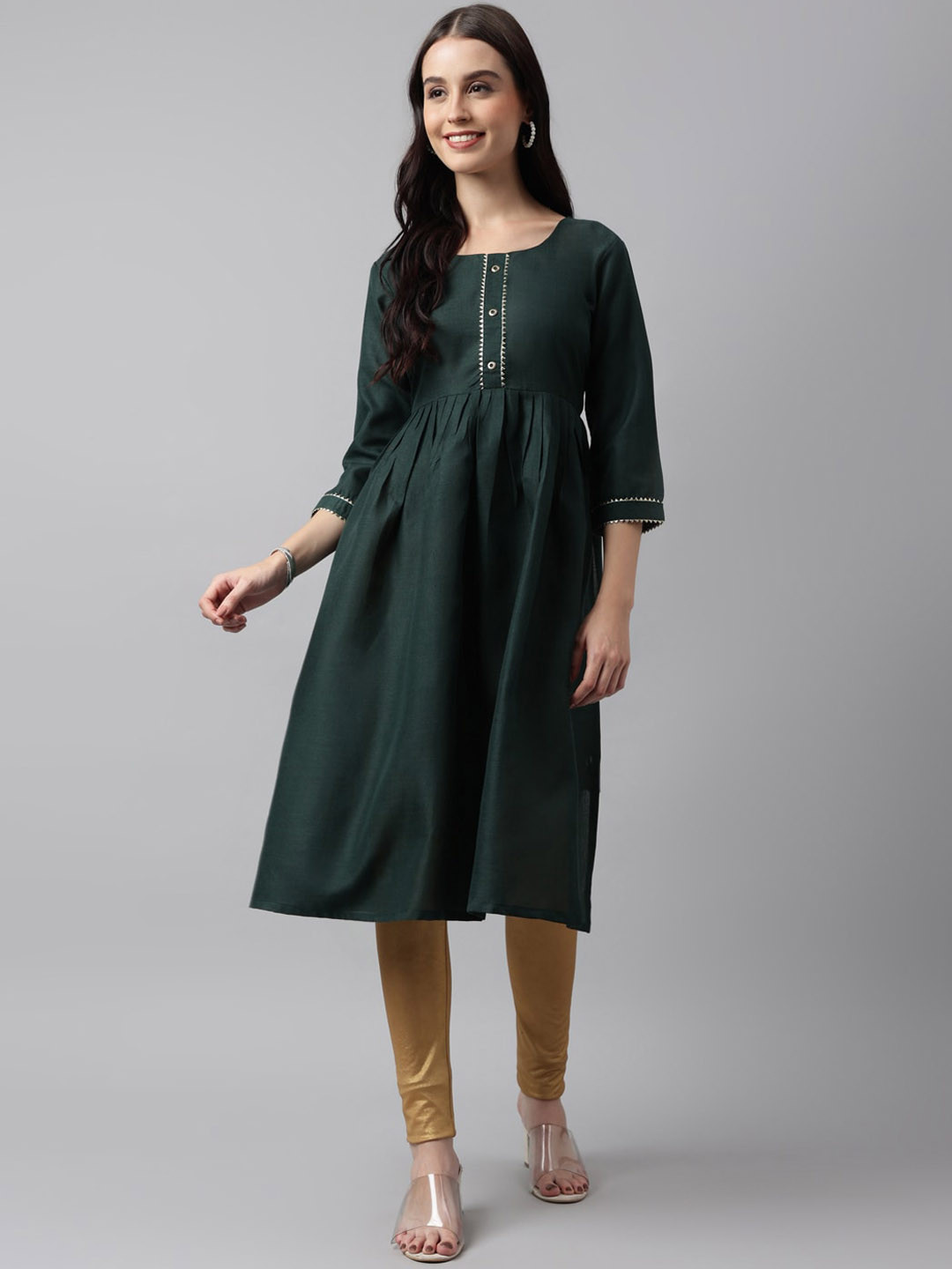 

KALINI Gotta Patti Pleated A-Line Kurta, Green