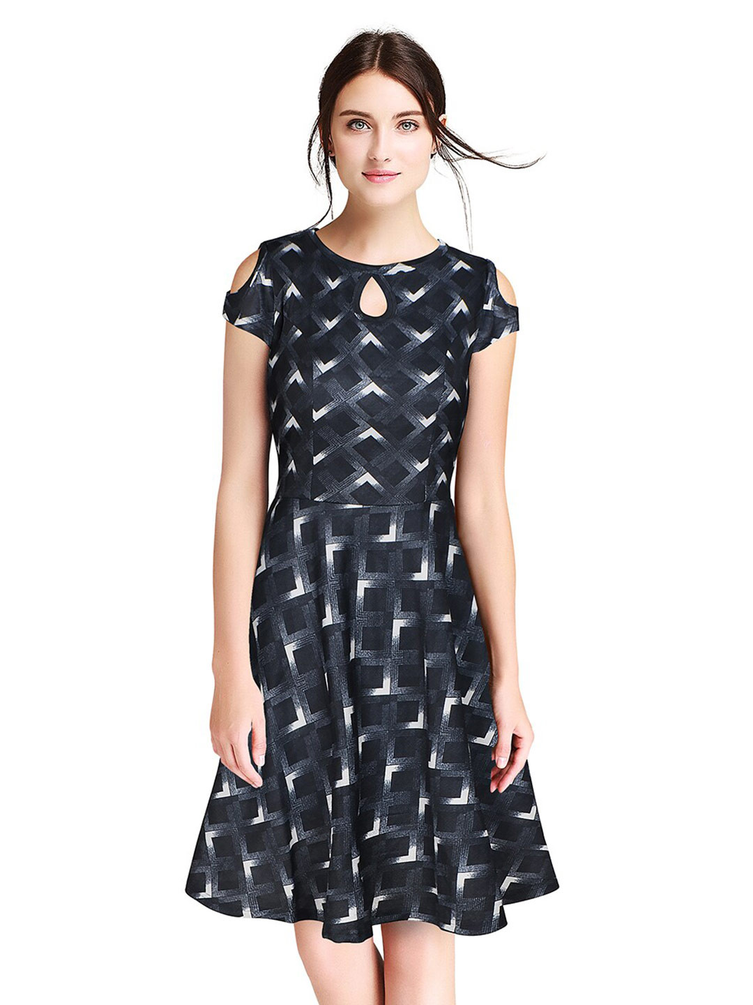 

BAESD Geometric Printed Keyhole Neck Fit & Flare Dress, Black