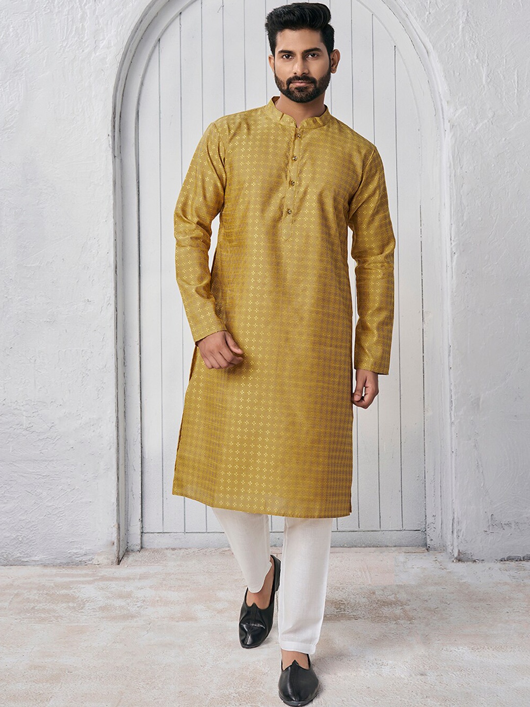 

Inddus Woven Design Mandarin Collar Straight Kurta, Mustard