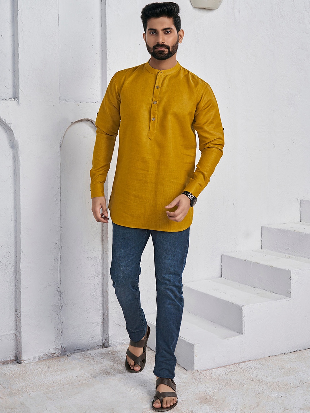 

Inddus Mandarin Collar Roll Up Sleeves Straight Short Kurta, Mustard