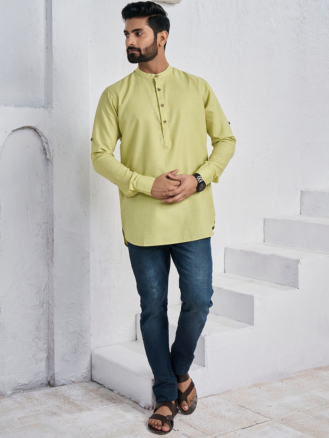 

Inddus Mandarin Collar Straight Short Kurta, Beige