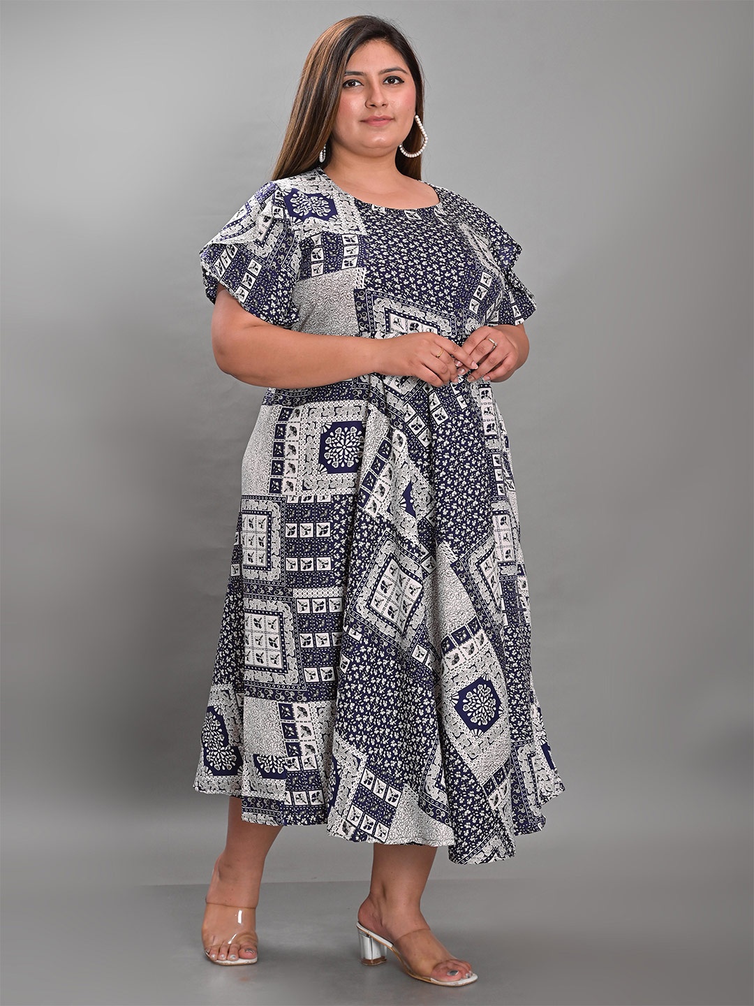 

Girly Girls Plus Size Ethnic Motifs Printed Fit & Flare Midi Dress, White