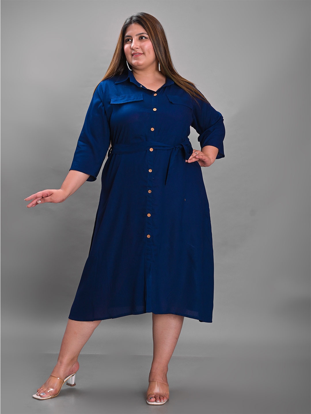 

Girly Girls Plus Size Spread Collar A-Line Midi Dress, Navy blue