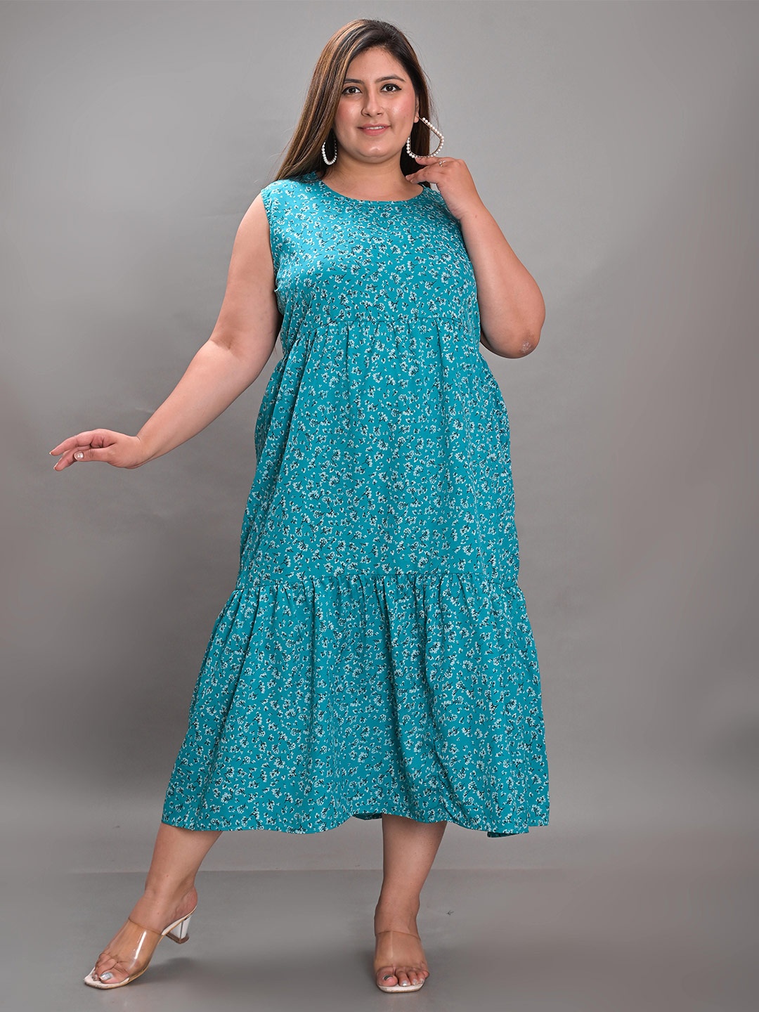 

Girly Girls Plus Size Floral Printed Gathered A-Line Midi Dress, Blue