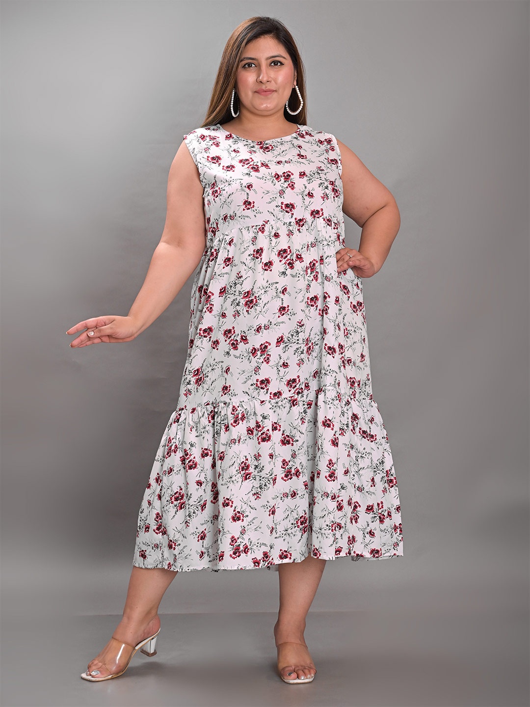 

Girly Girls Plus Size Floral Printed Sleeveless A-Line Midi Dress, White