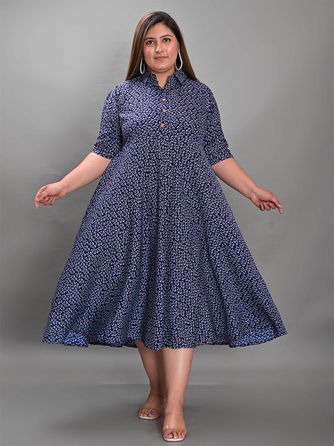 

Girly Girls Plus Size Floral Printed Fit & Flare Midi Dress, Navy blue