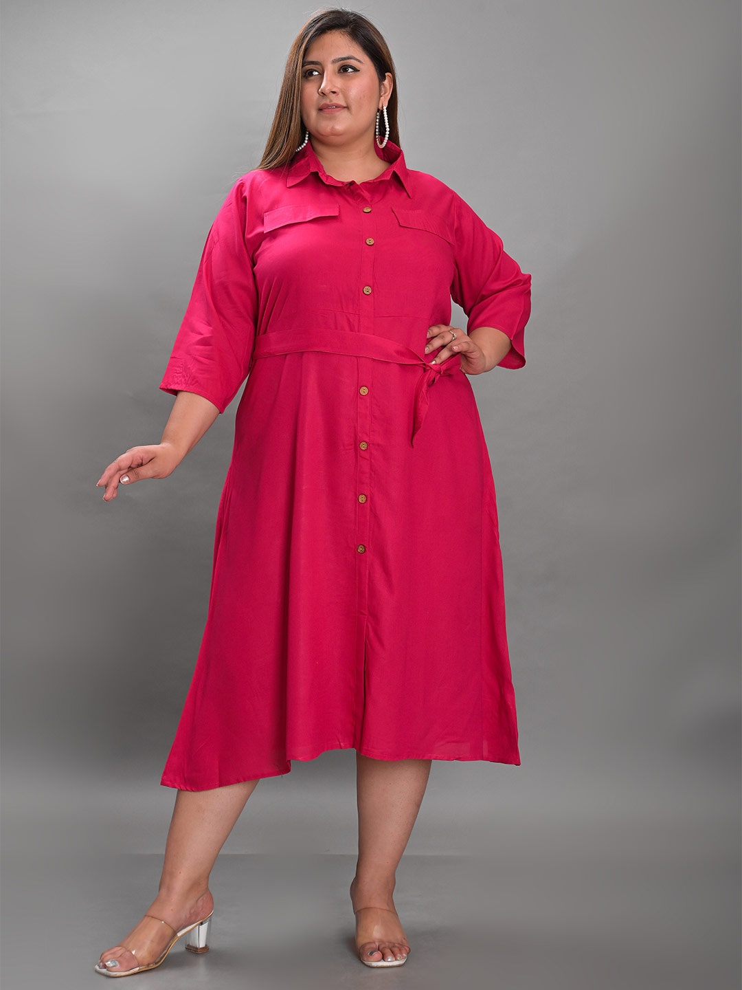 

Girly Girls Plus Size Spread Collar A-Line Midi Dress, Pink