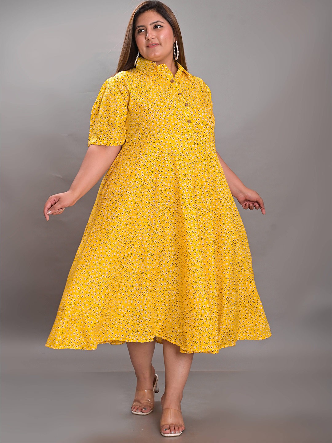 

Girly Girls Plus Size Floral Printed Spread Collar A-Line Midi Dress, Yellow
