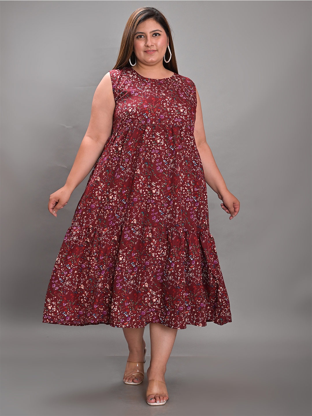 

Girly Girls Plus Size Floral Printed Round Neck Fit & Flare Midi Dress, Maroon