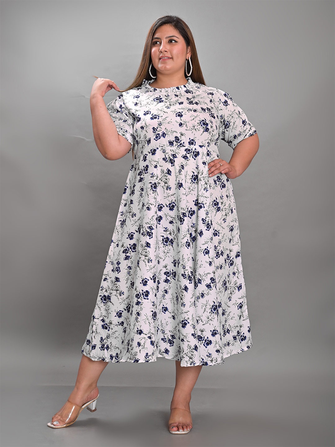 

Girly Girls Plus Size Floral Printed High Neck A-Line Midi Dress, White