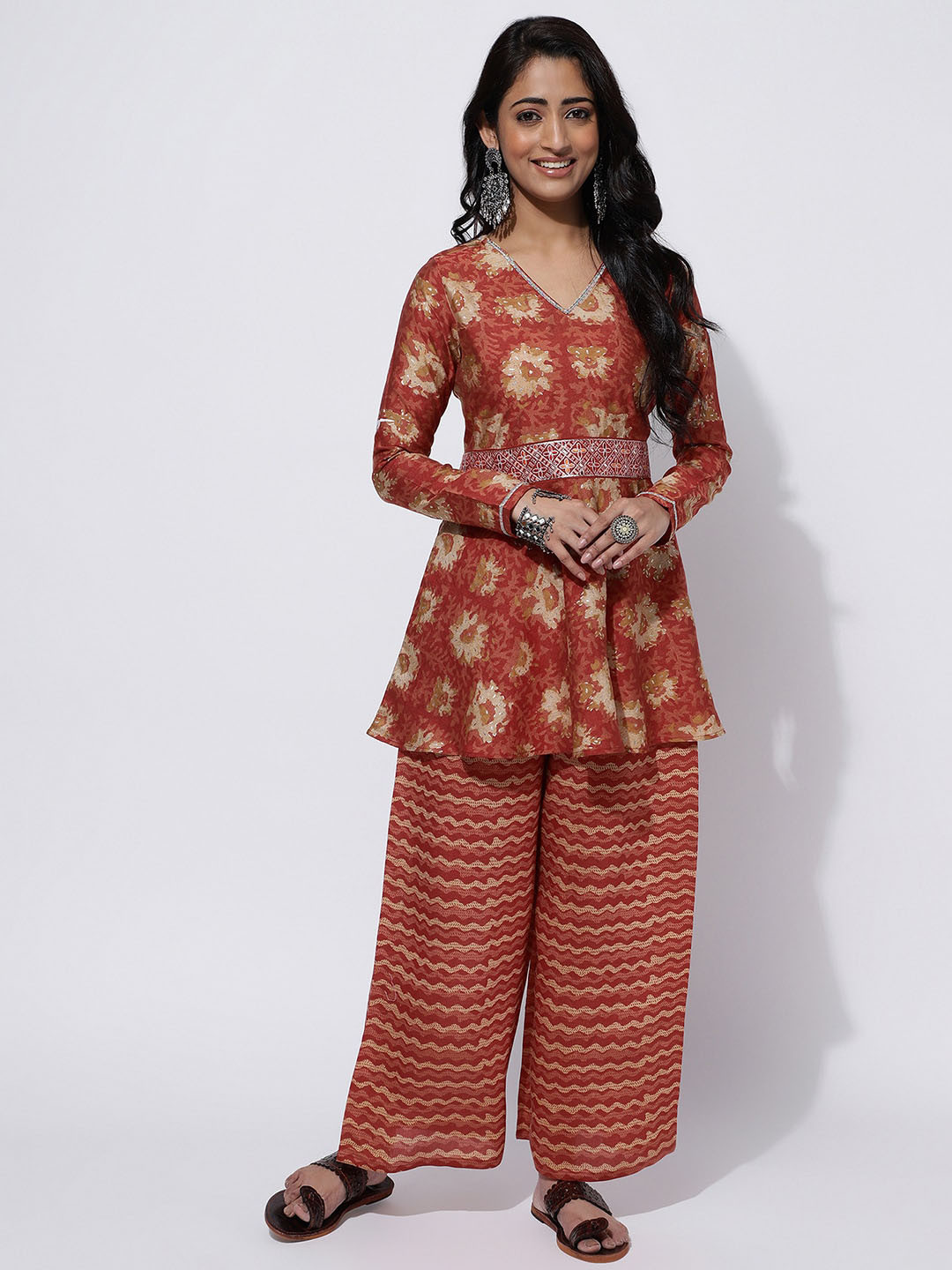 

Selvia Ethnic Motifs Printed V-Neck Kurti With Palazzos, Rust