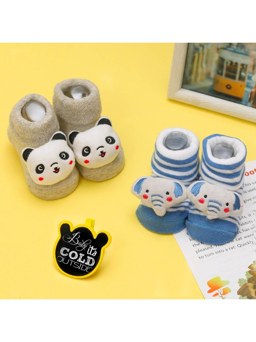 

Yellow Bee Infant Boys Pack Of 2 Applique Cotton Ankle-Length Socks, Grey