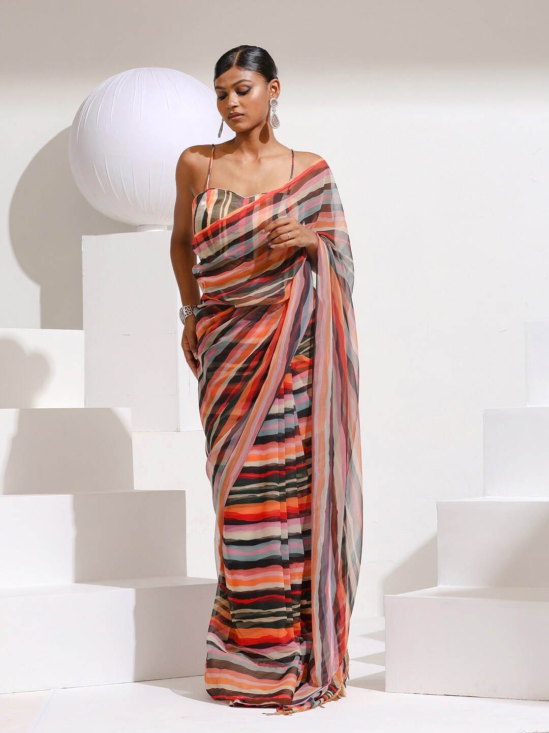 

Swtantra Striped Pure Chiffon Saree, Orange