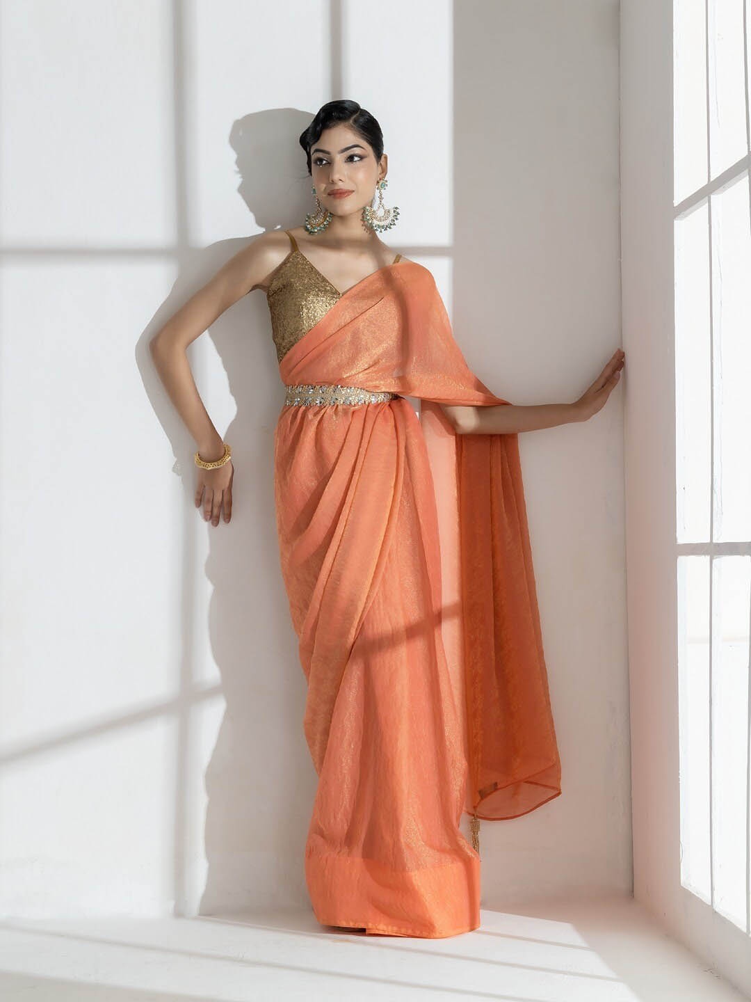 

Swtantra Beads And Stones Pure Chiffon Saree, Peach