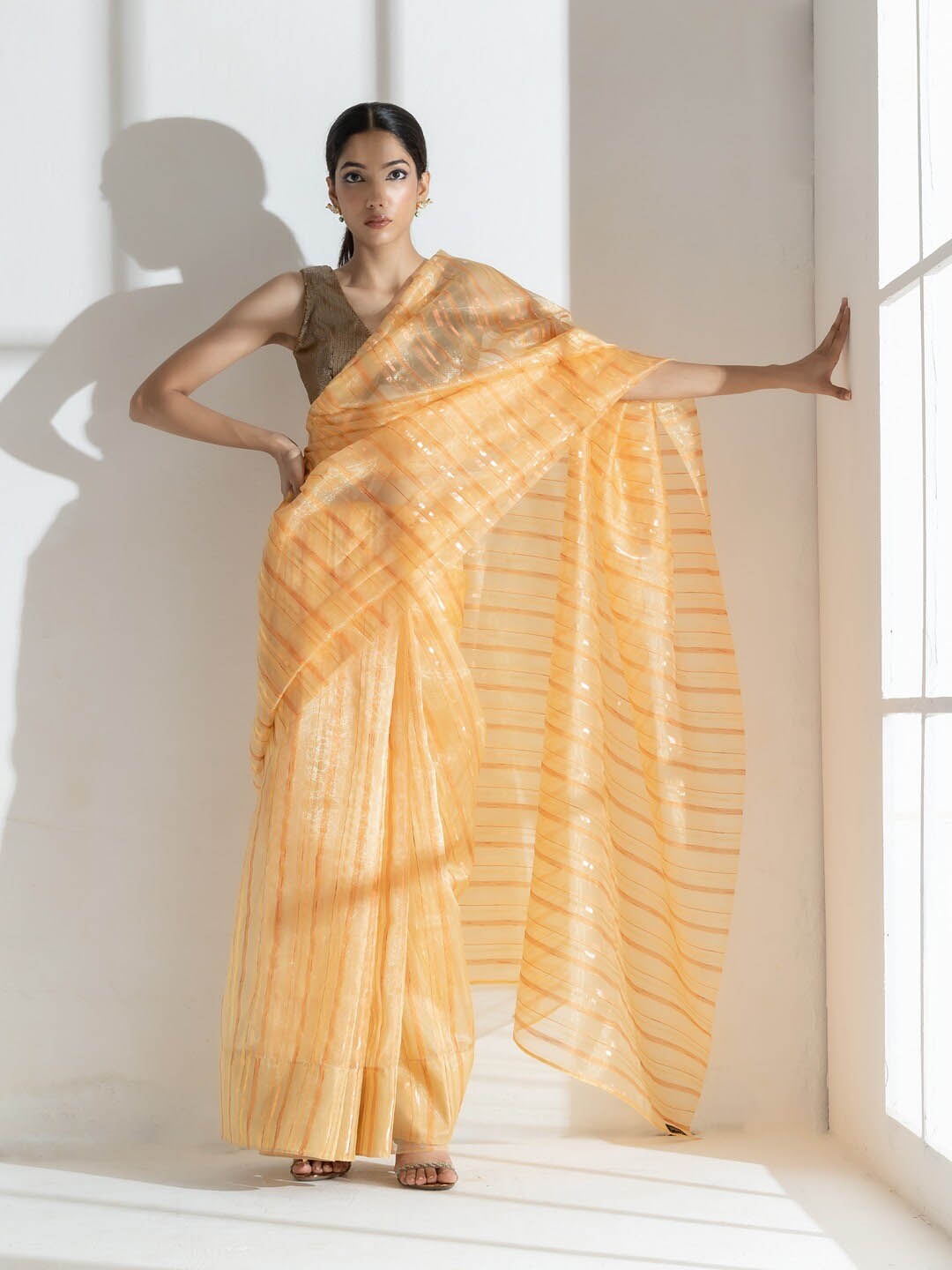 

Swtantra Striped Organza Saree, Mustard