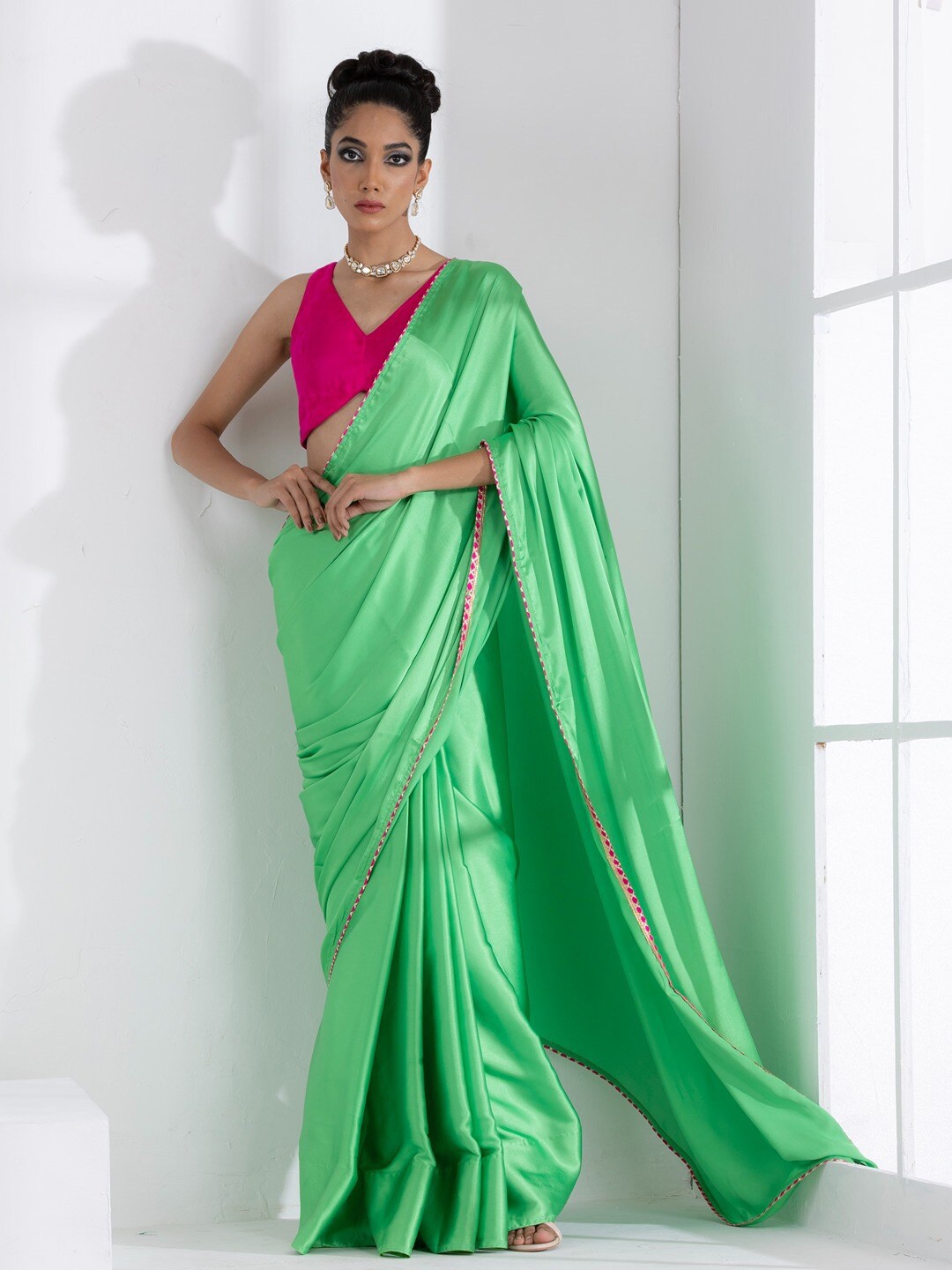 

Swtantra Green & Pink Satin Saree