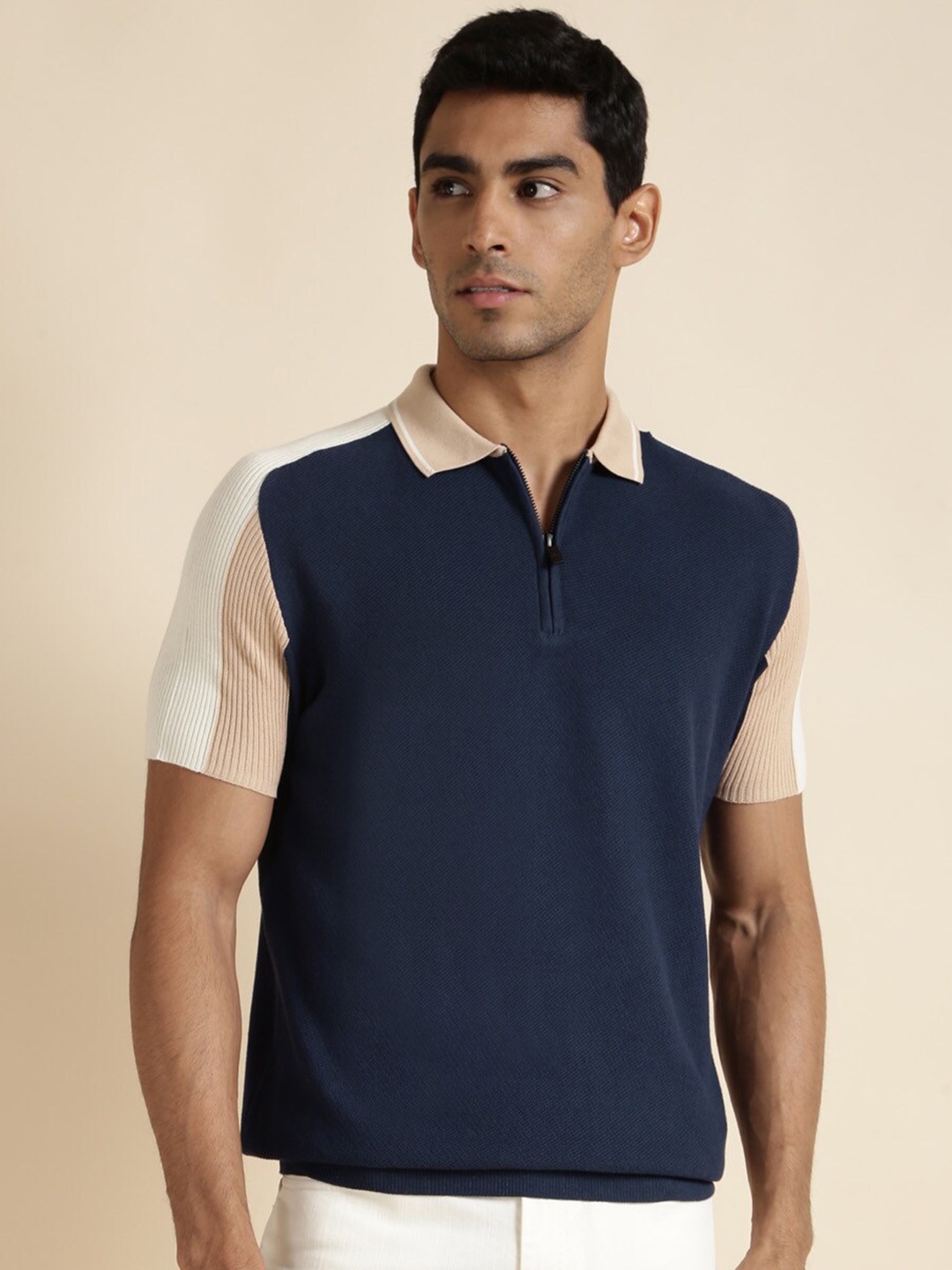 

Andamen Colourblocked Polo Collar Cotton Casual T-shirt, Navy blue