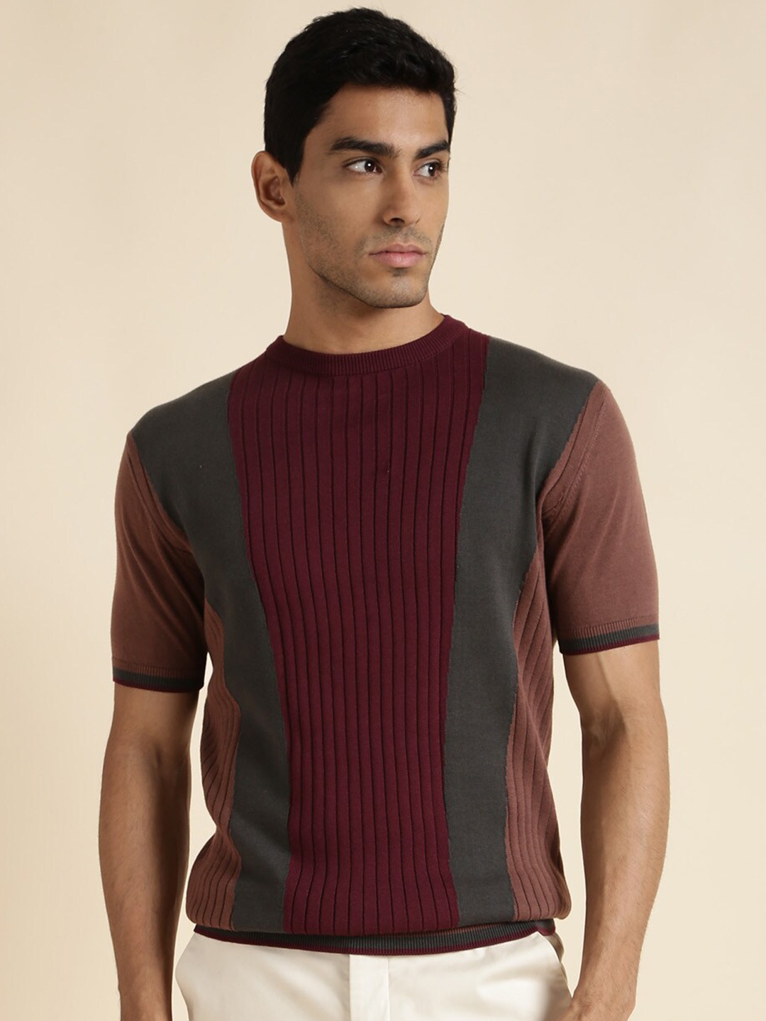 

Andamen Striped Crew Neck Short Sleeves Cotton T-shirt, Brown