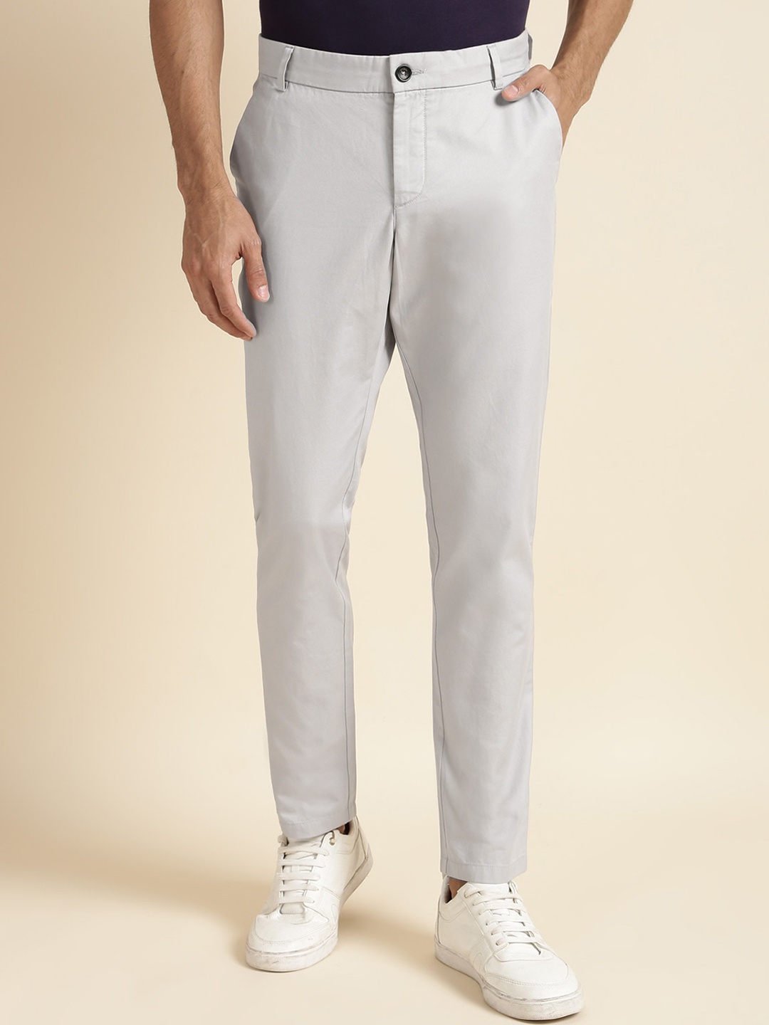 

Andamen Men Ultra Mid-Rise Easy Wash Cotton Chinos Trousers, Grey
