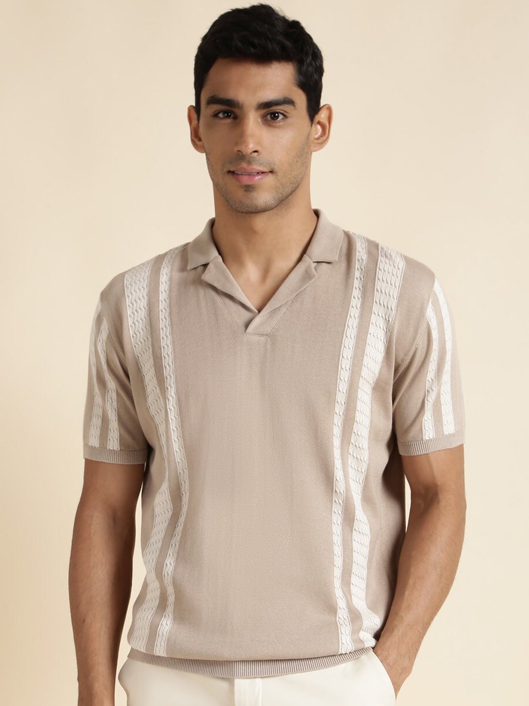 

Andamen Self Design Polo Collar Cotton T-shirt, Brown