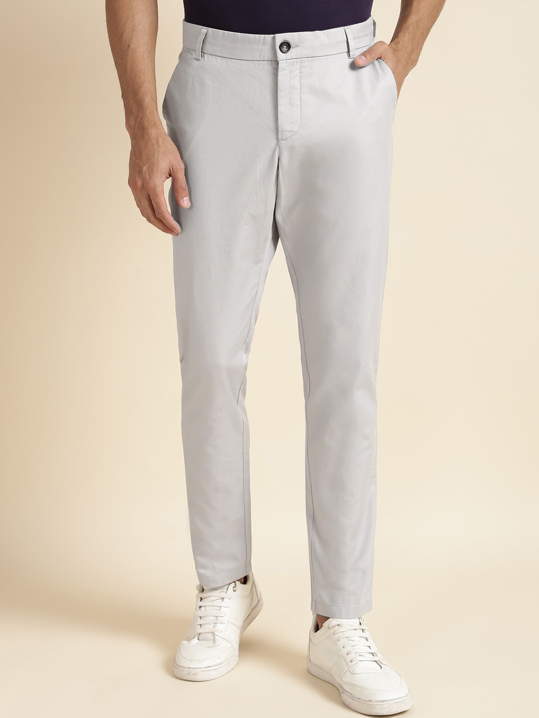 

Andamen Men Ultra Slim Fit Mid-Rise Easy Wash Cotton Chinos Trousers, Grey