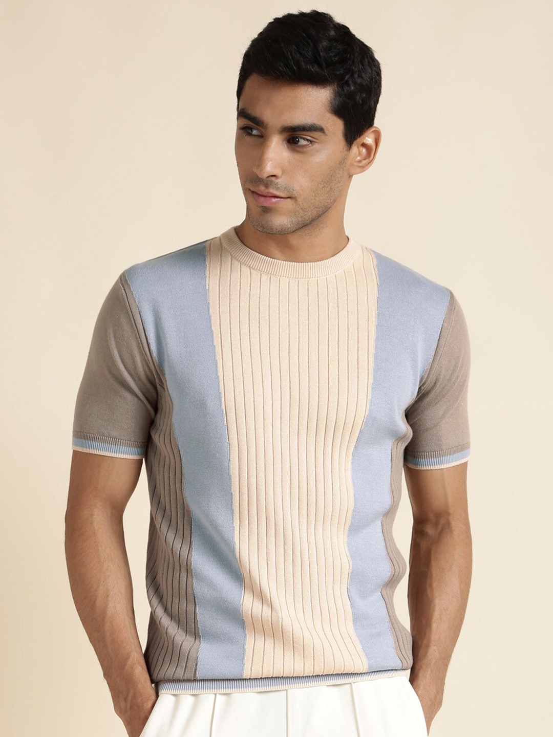 

Andamen Striped Crew Neck Short Sleeves Cotton T-shirt, Off white
