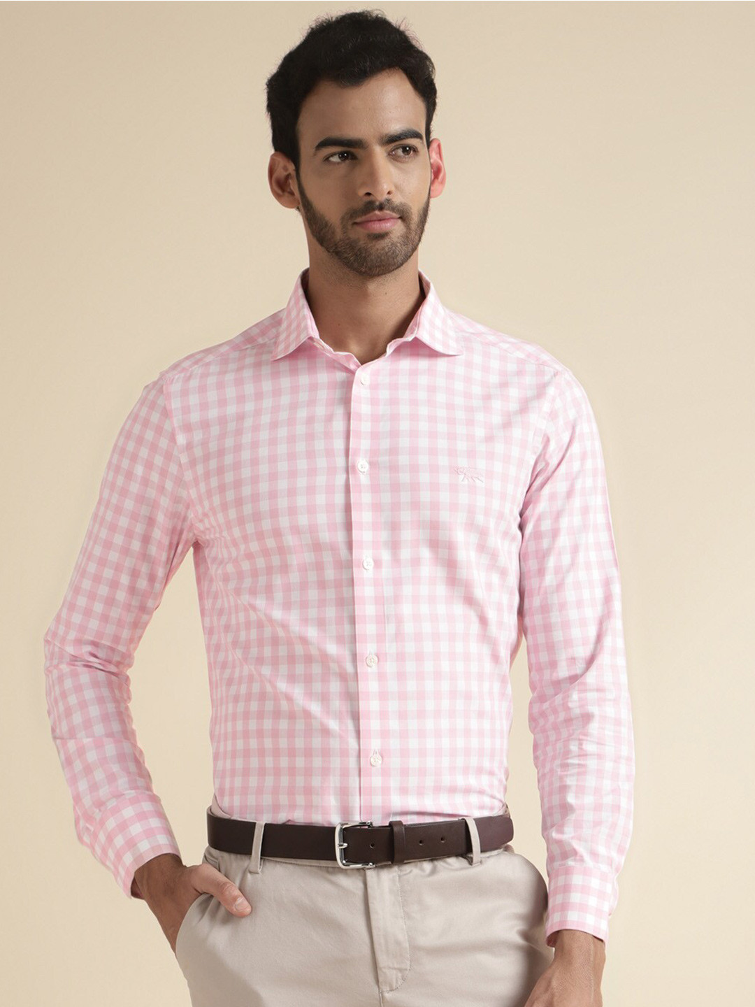 

Andamen Premium Slim Fit Grid Tattersall Checked Cutaway Collar Formal Cotton Shirt, Pink