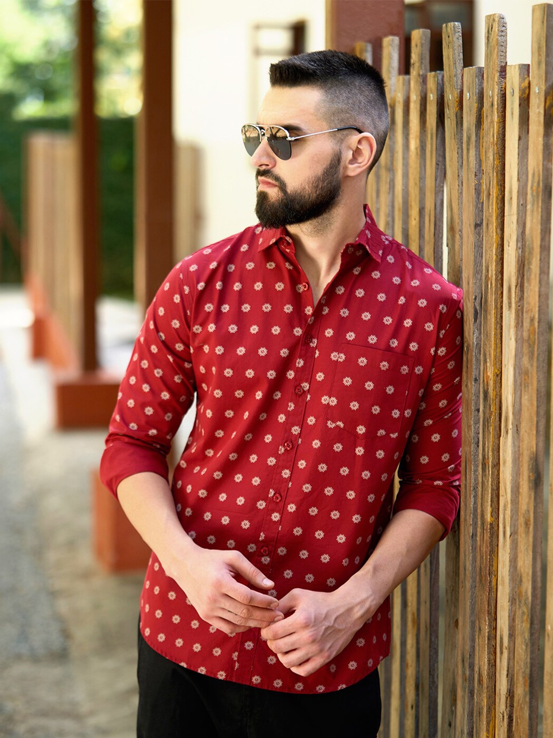 

DILLINGER Spread Collar Ethnic Motifs Printed Casual Pure Cotton Shirt, Maroon