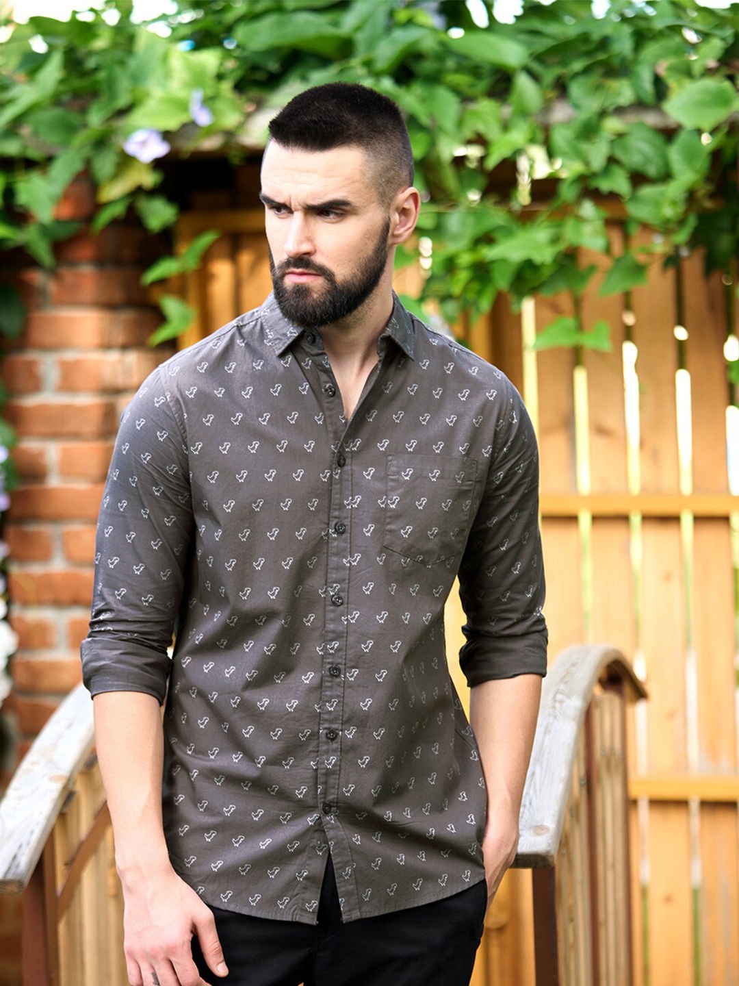 

DILLINGER Spread Collar Conversational Printed Casual Pure Cotton Shirt, Grey