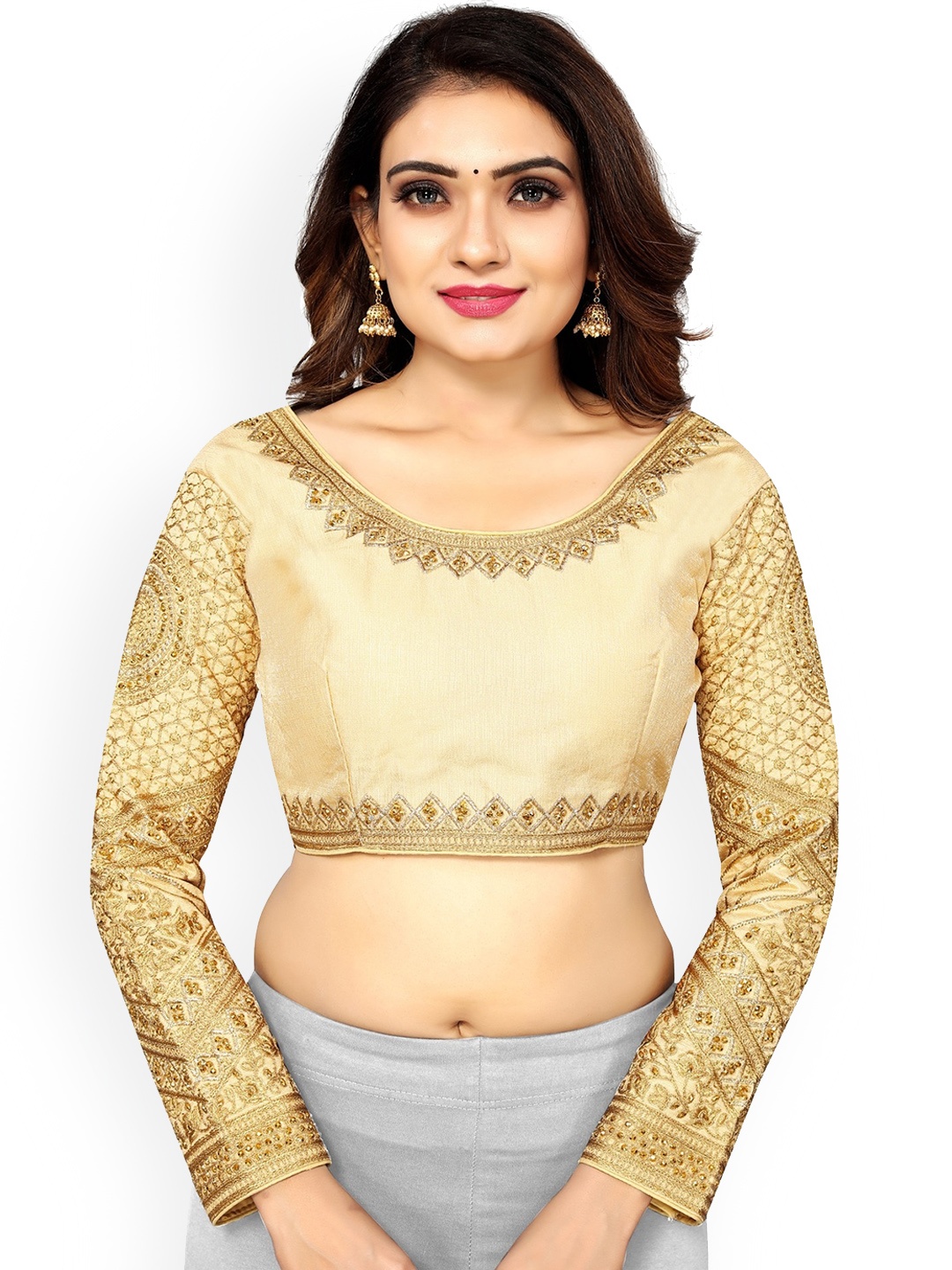

SCUBE DESIGNS Embroidered Silk Saree Blouse, Beige
