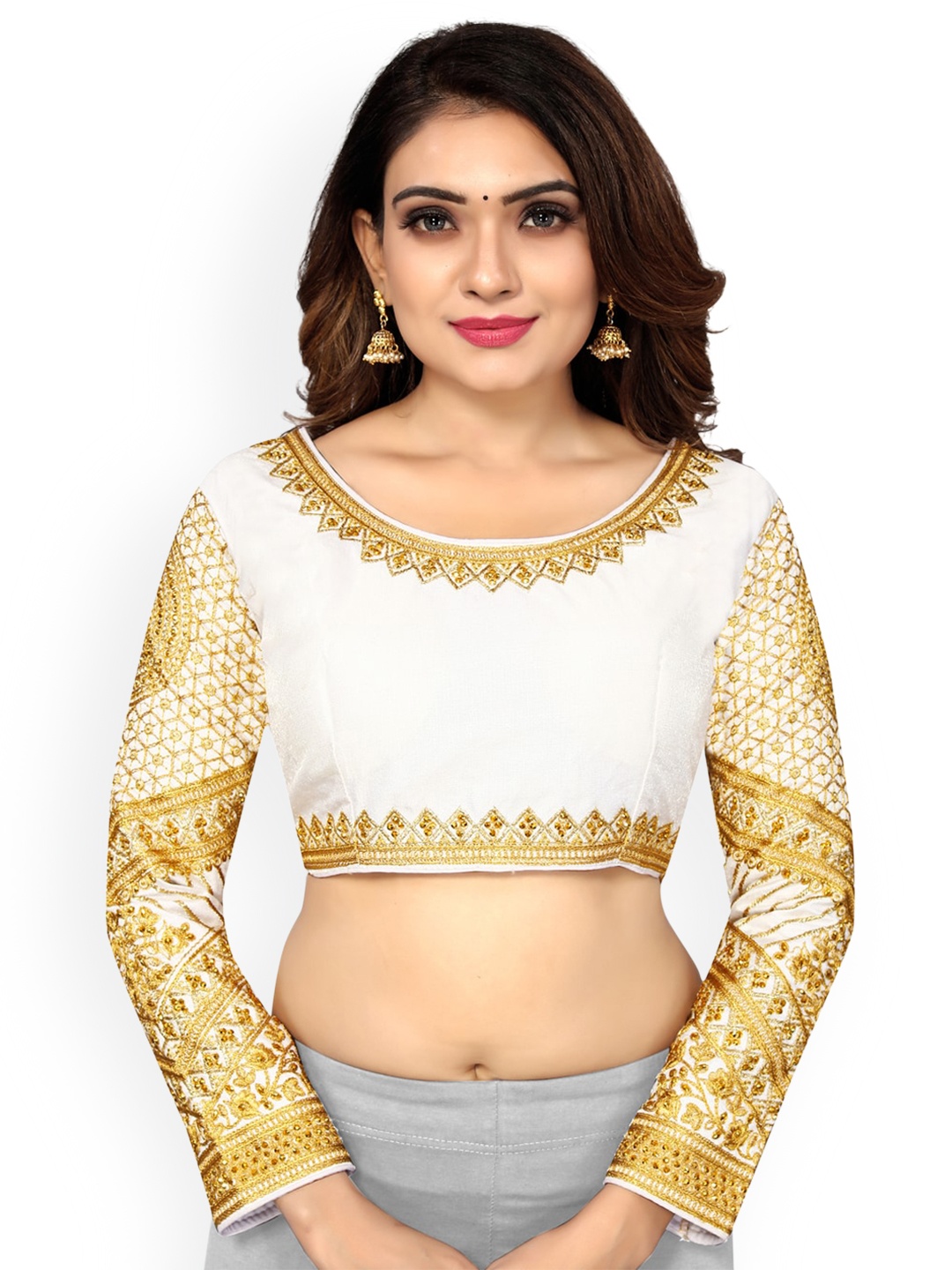 

SCUBE DESIGNS Embroidered Round Neck Long Sleeve Beads & Stones Silk Saree Blouse, White