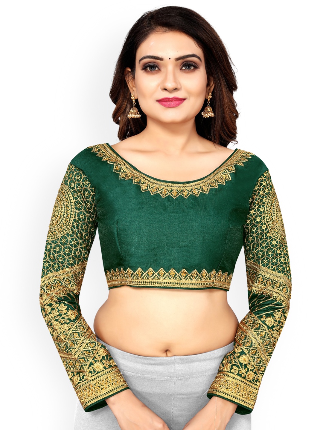 

SCUBE DESIGNS Ethnic Motifs Embroidered Sequinned Tie-Up Silk Saree Blouse, Green
