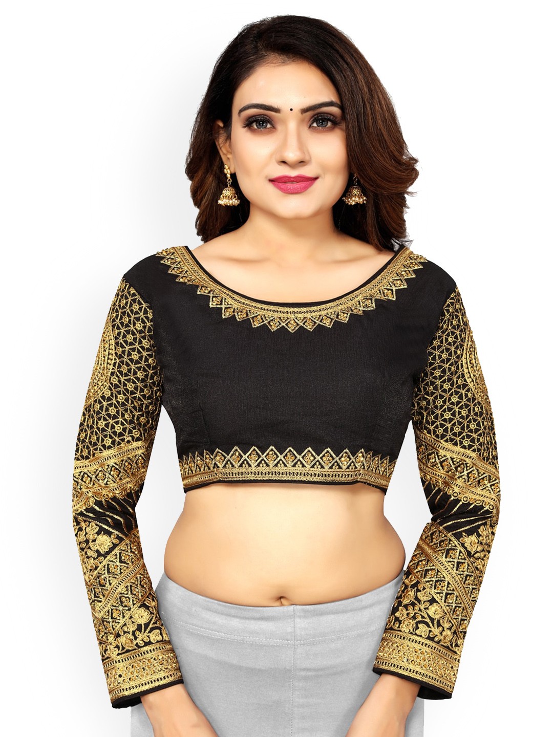 

SCUBE DESIGNS Ethnic Motifs Embroidered Sequinned Tie-Up Silk Saree Blouse, Black