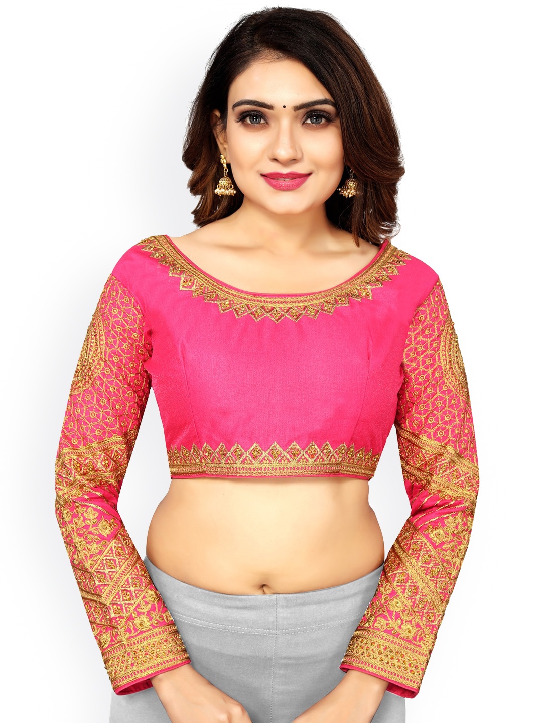 

SCUBE DESIGNS Embroidered Round Neck Long Sleeve Beads & Stones Silk Saree Blouse, Pink