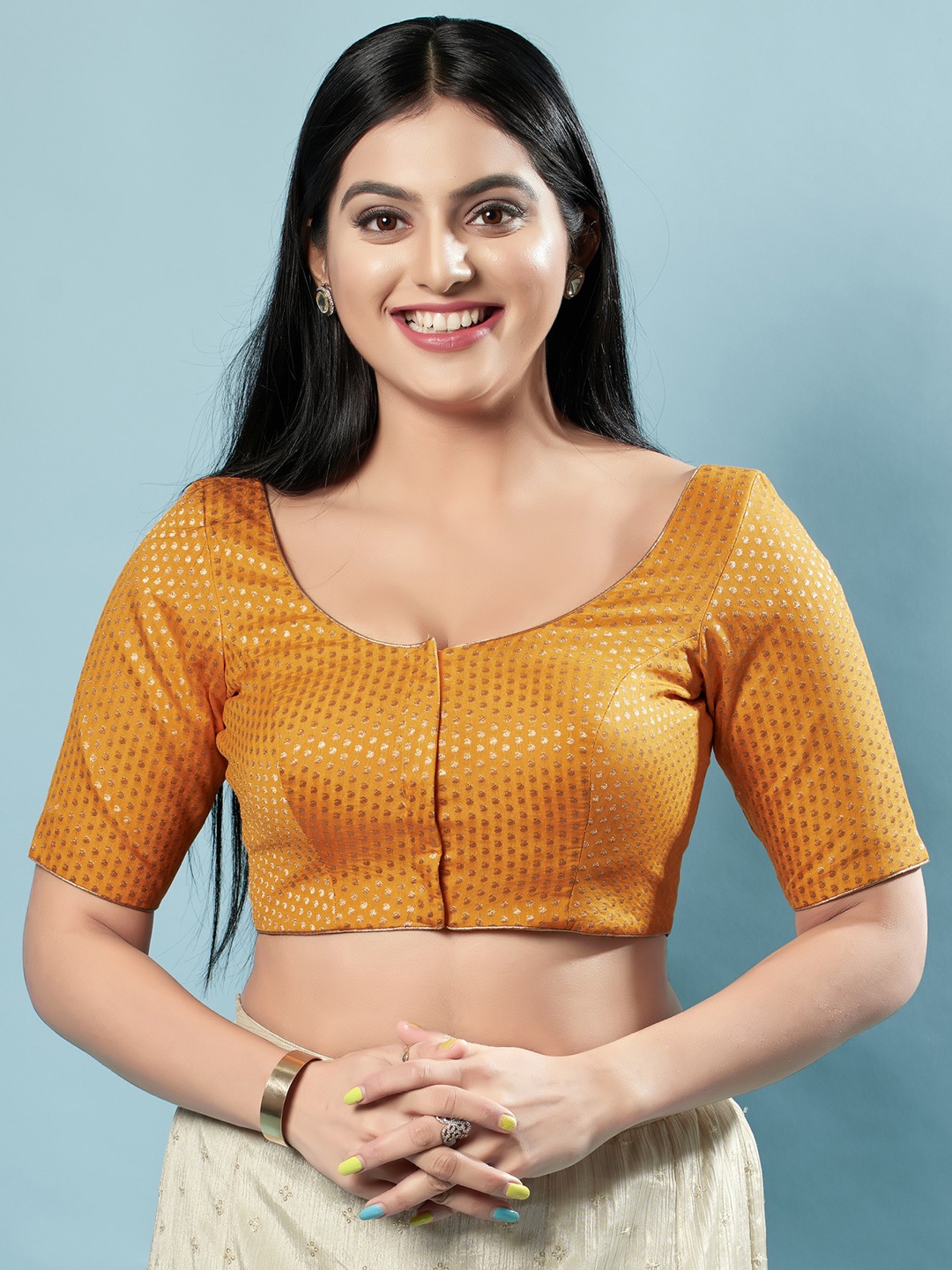 

SALWAR STUDIO Woven Design Round Neck Tie-Up Padded Saree Blouse, Mustard