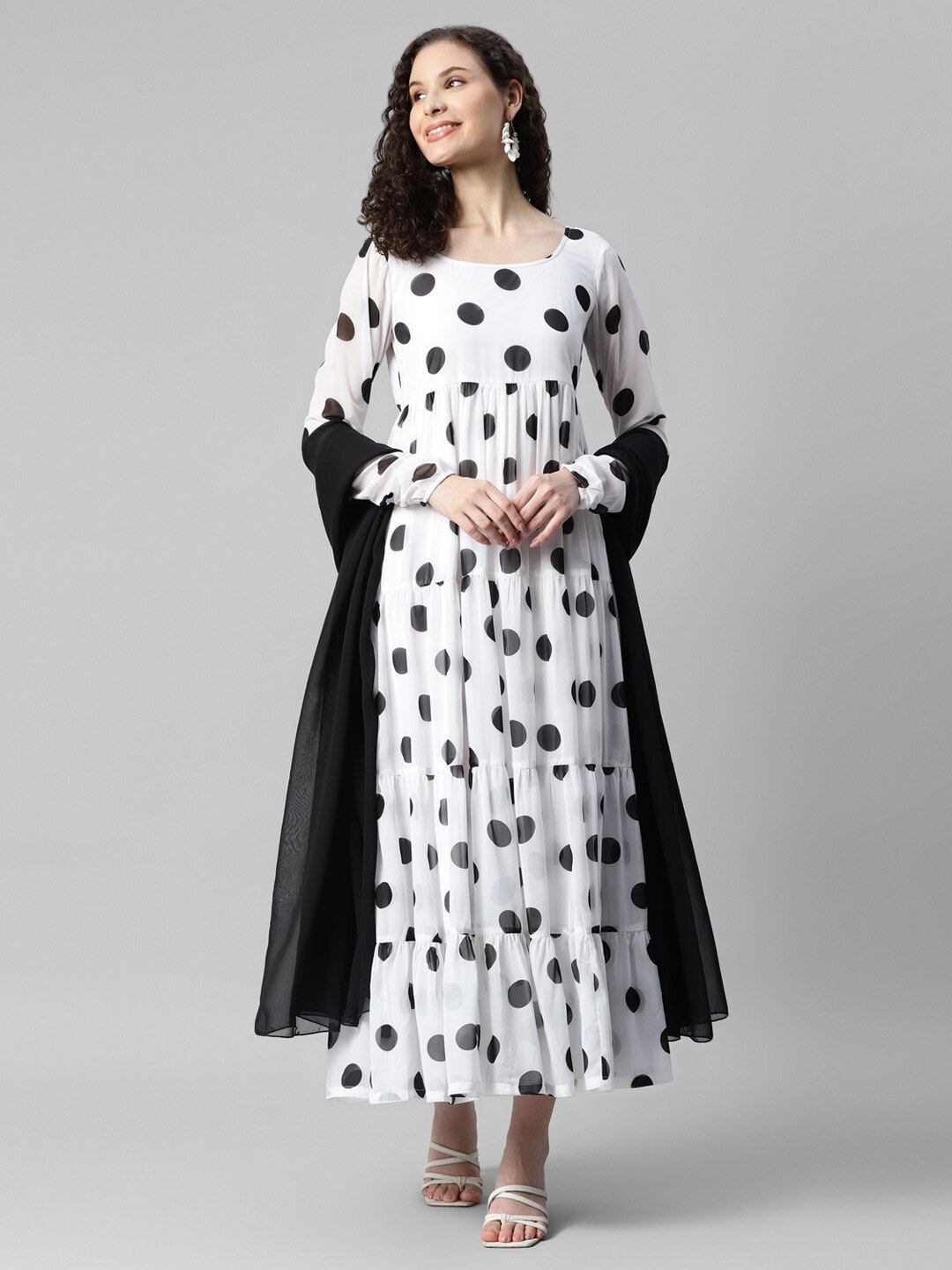 

DEEBACO Polka Dots Printed Georgette Tiered Fit & Flare Maxi Ethnic Dress With Dupatta, White