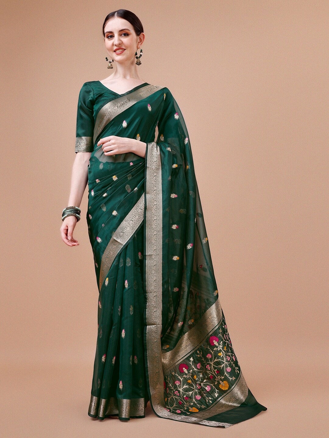 

MAGMINA Floral Woven Design Zari Pure Silk Kanjeevaram Saree, Green