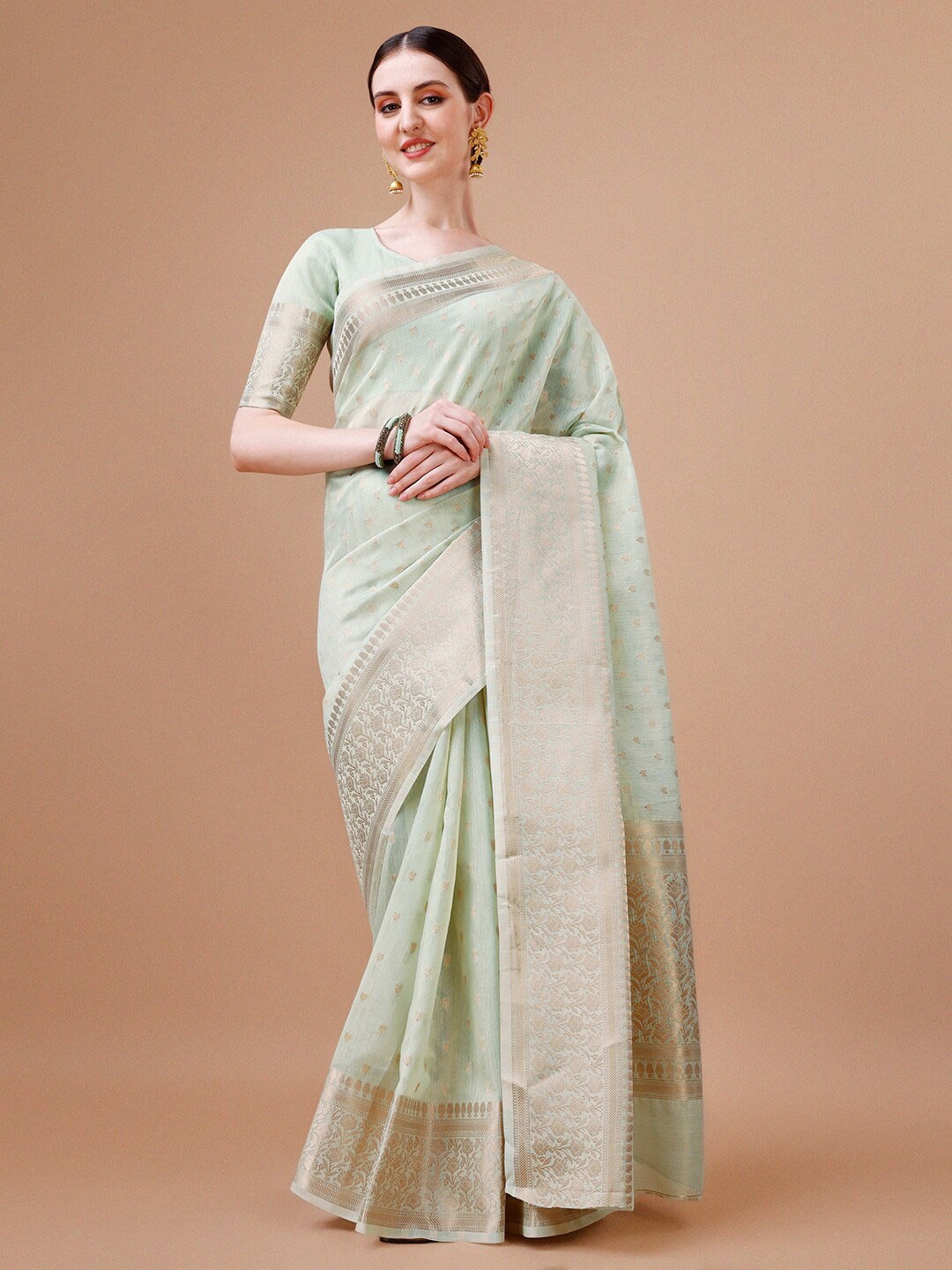 

MAGMINA Ethnic Motifs Woven Design Zari Kanjeevaram Saree, Green