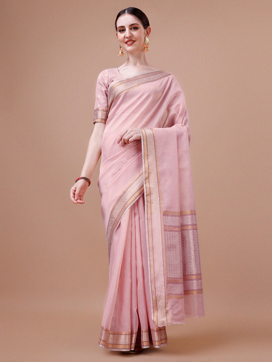 

MAGMINA Zari Bordered Kanjeevaram Saree, Pink