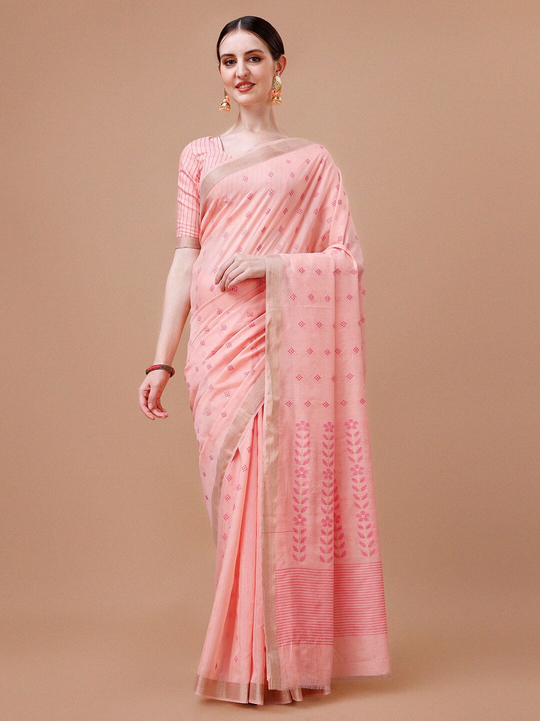 

MAGMINA Floral Woven Design Zari Kanjeevaram Saree, Pink