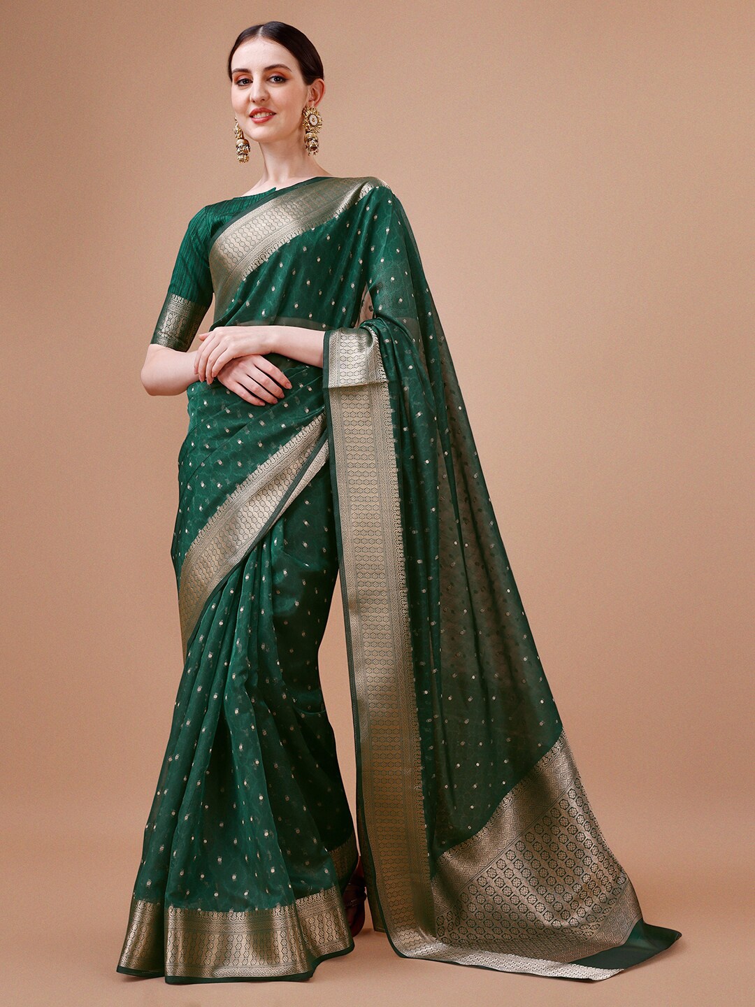 

MAGMINA Floral Woven Design Zari Pure Silk Kanjeevaram Saree, Green
